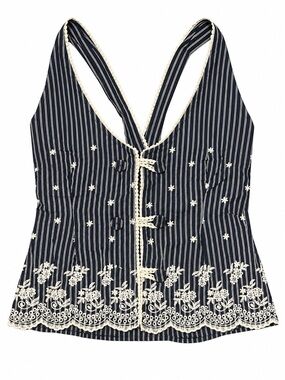 Vintage Y2K Embroidered Cotton Navy Stripe Lace-Trim V-Neck Camisole Size 1